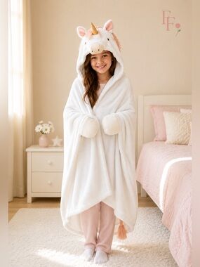 Pillowfort Unicorn Hooded Blanket White Plush Wearable Throw Kids 40x50